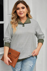 Plus Size Striped Half Snap Long Sleeve Blouse 