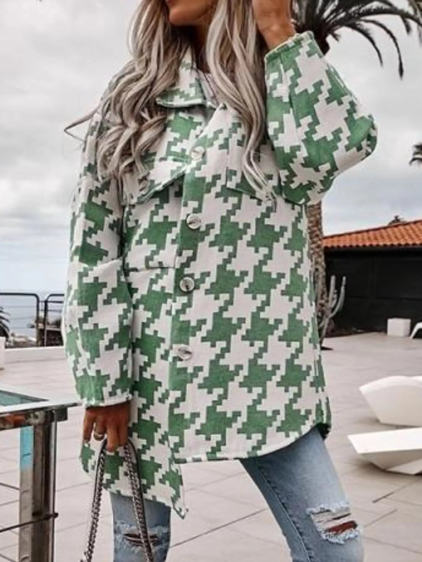 Houndstooth Button Up Long Sleeve Outerwear 