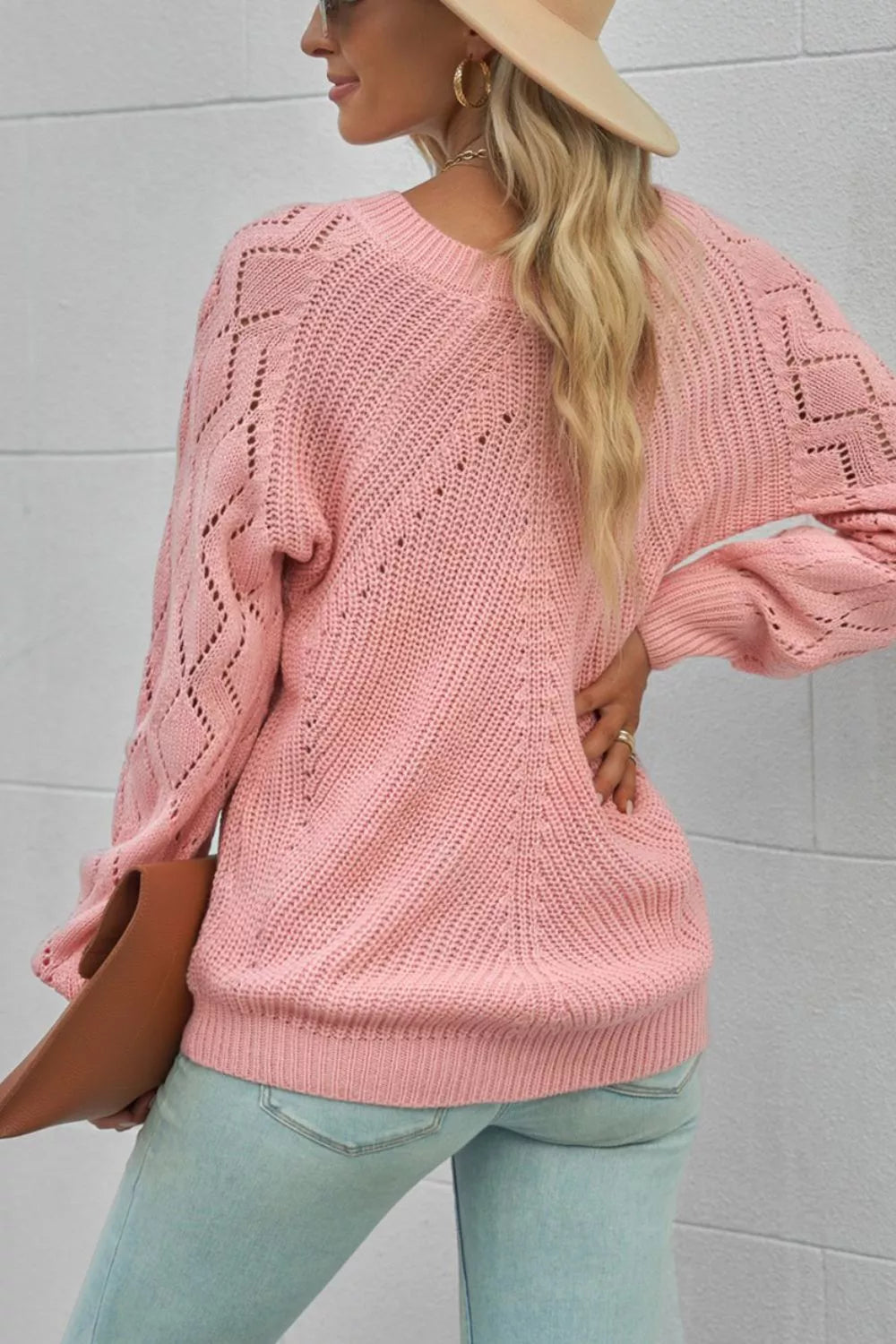 Hollow-Out Puffy Sleeve Knit Sweater 