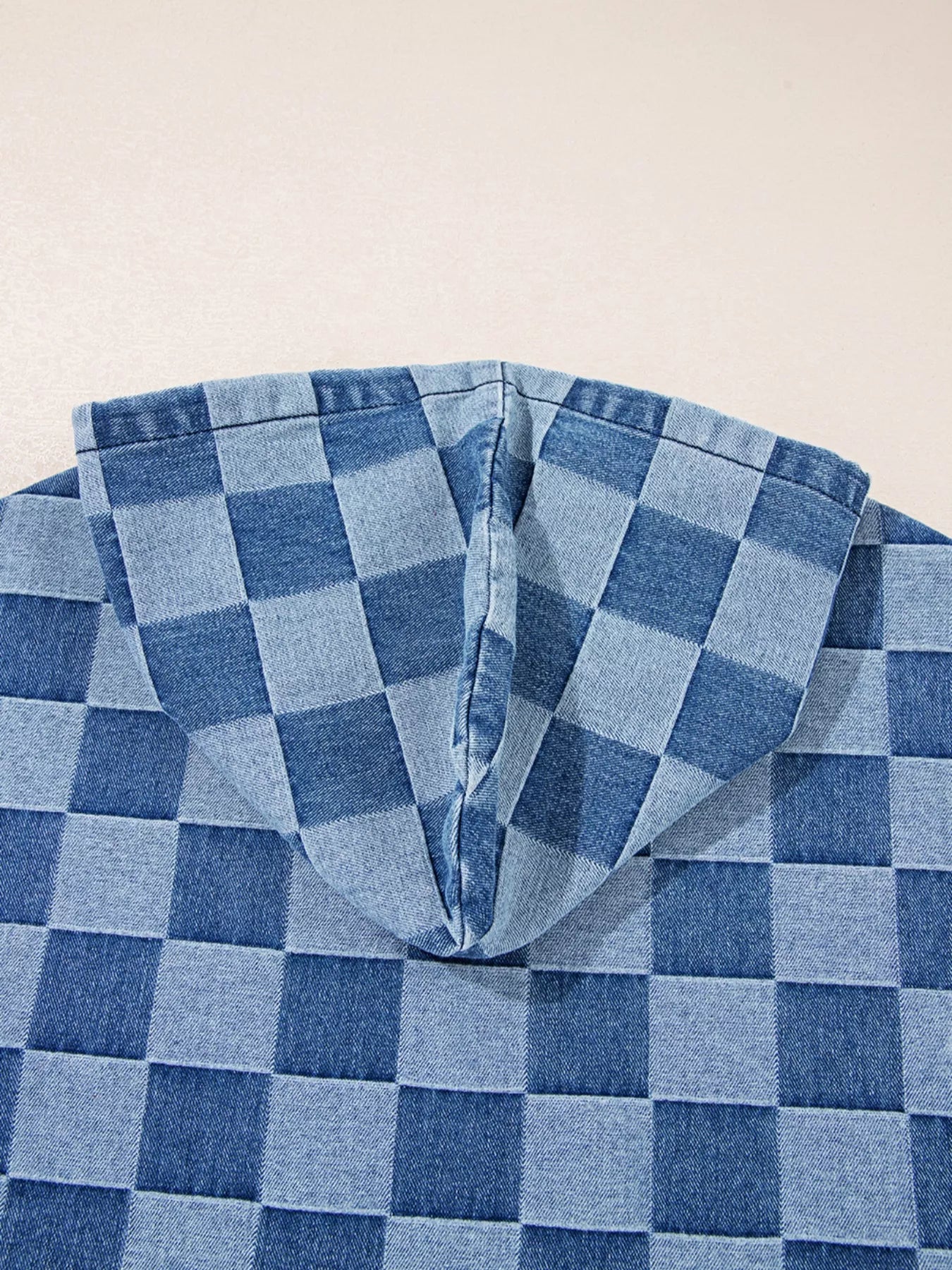 Checkered Half Zip Denim Hoodie Top 