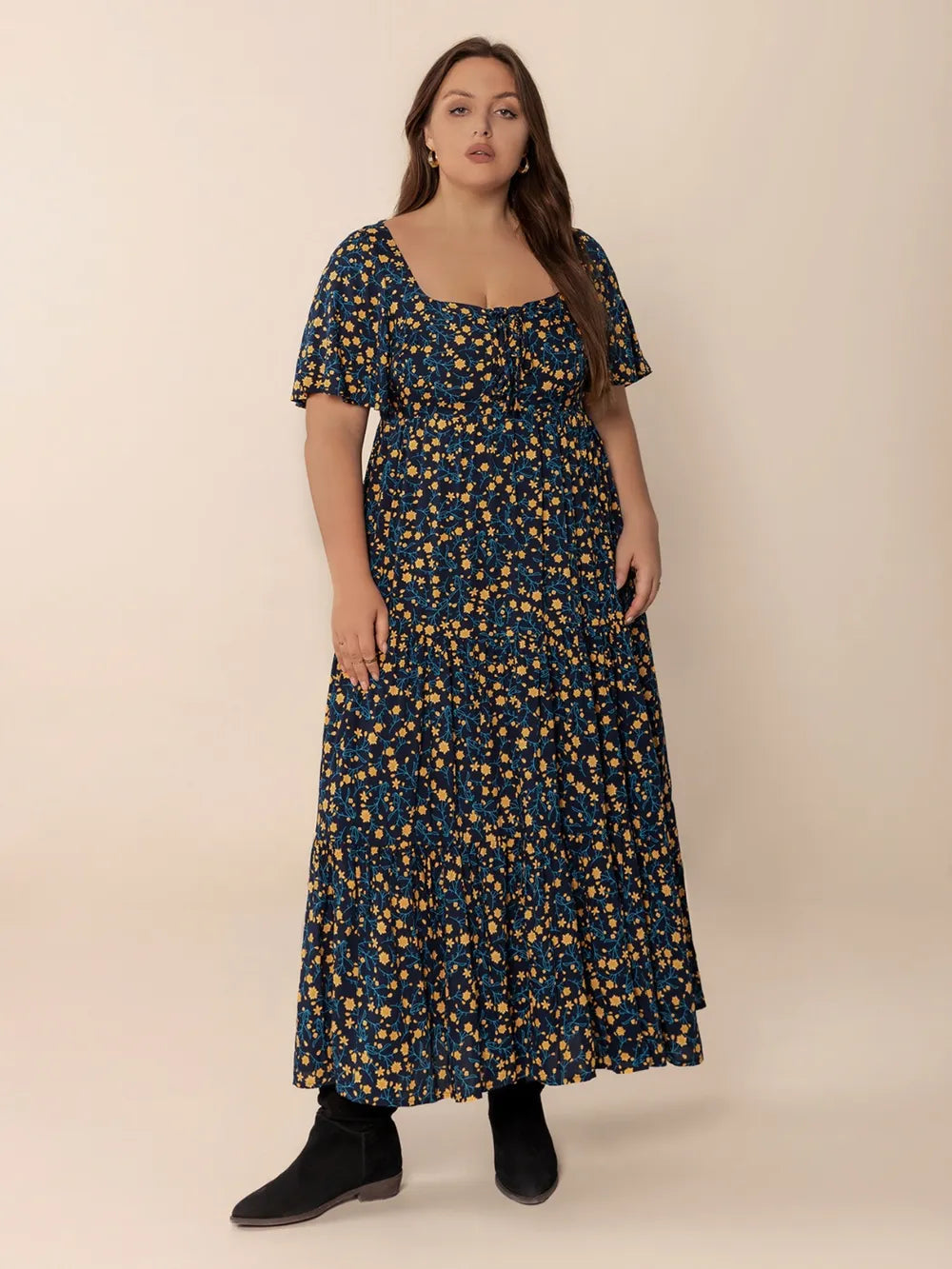 Plus Size Printed Short Sleeve Slit Tiered Maxi Dress 