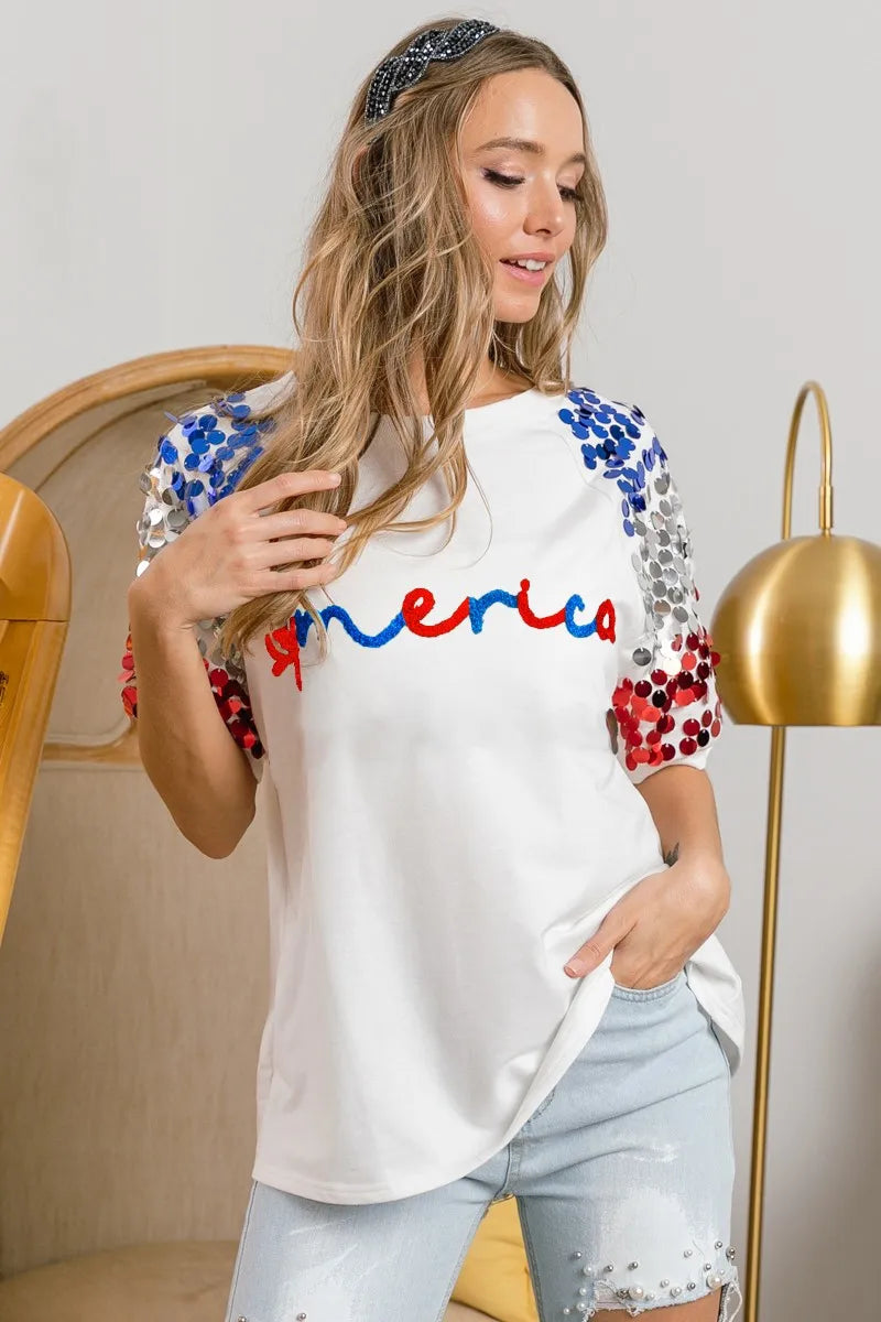 BiBi America Letter Applique Spangle Puff Sleeves Top 