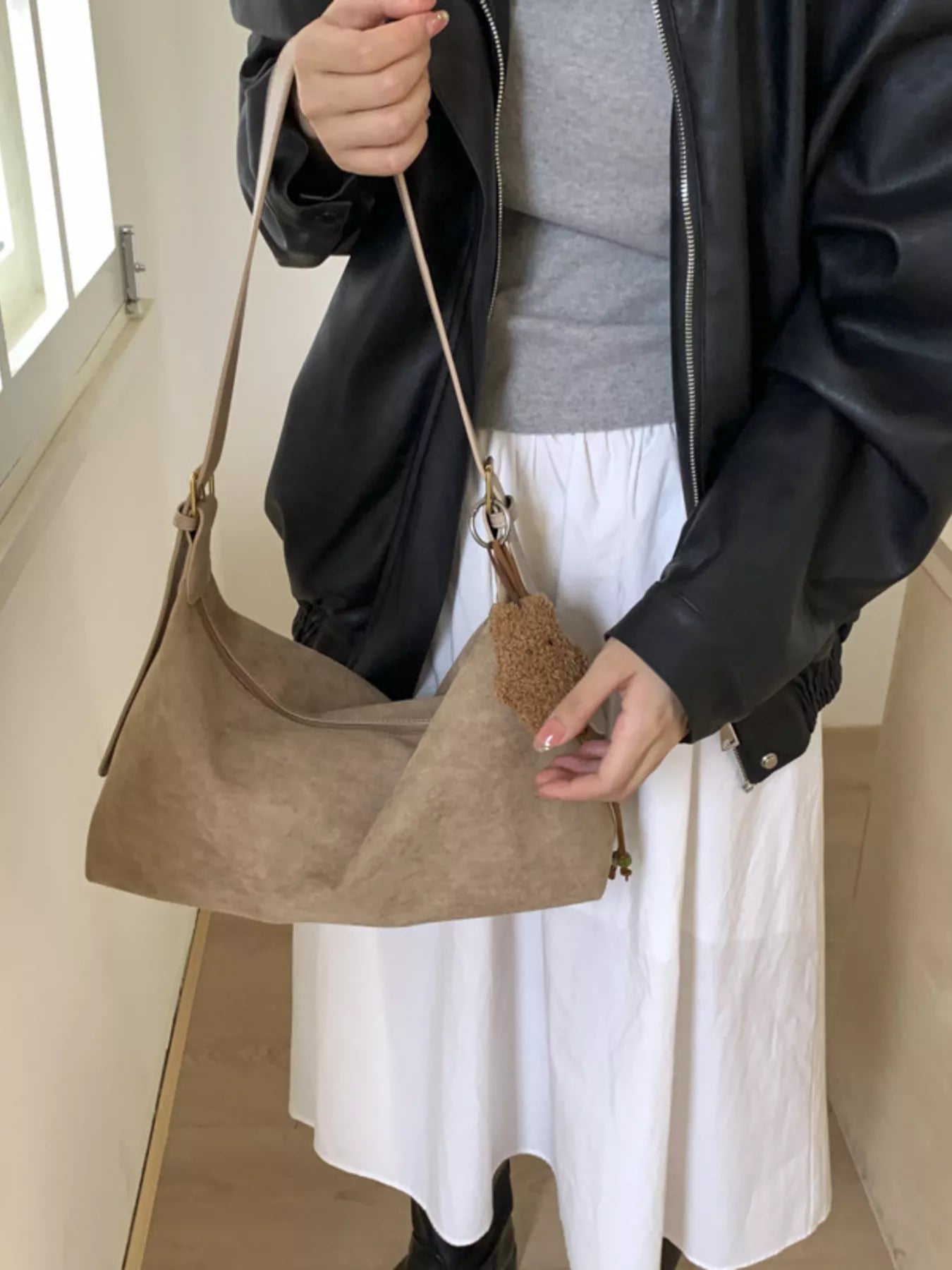 Solid Color Suede Hobo Crossbody Bag 