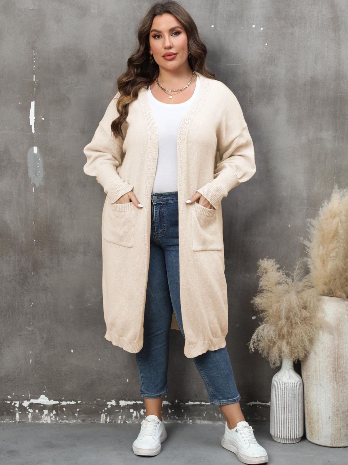 Plus Size Long Sleeve Pocketed Cardigan 