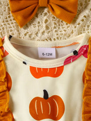 Children's Pumpkin Print Ruffle Dress with Bow Headband 