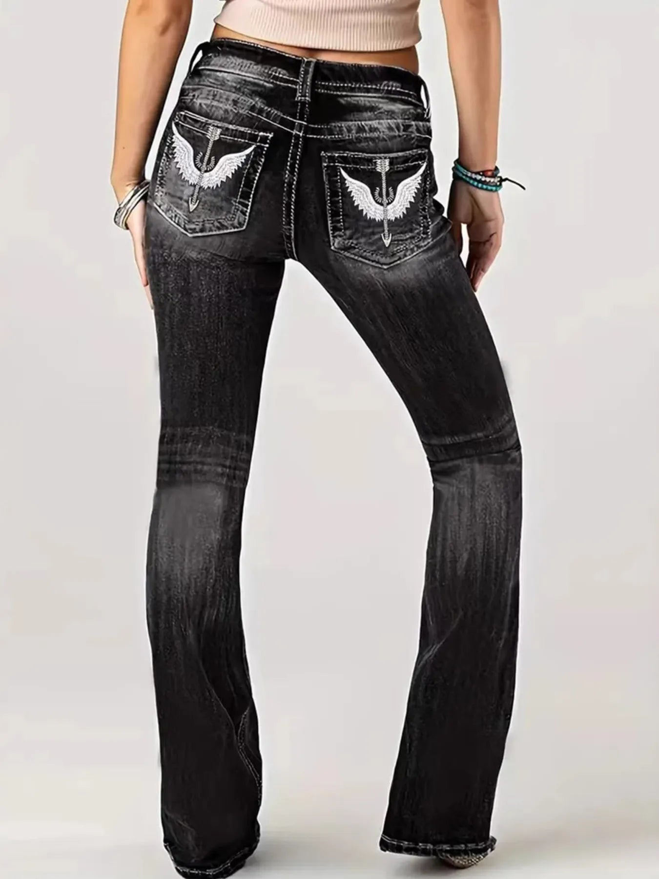 Embroidered Washed Bootcut Jeans 