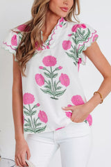 Contrast Scallop Trim Layered Short Sleeve V Neck Blouse 
