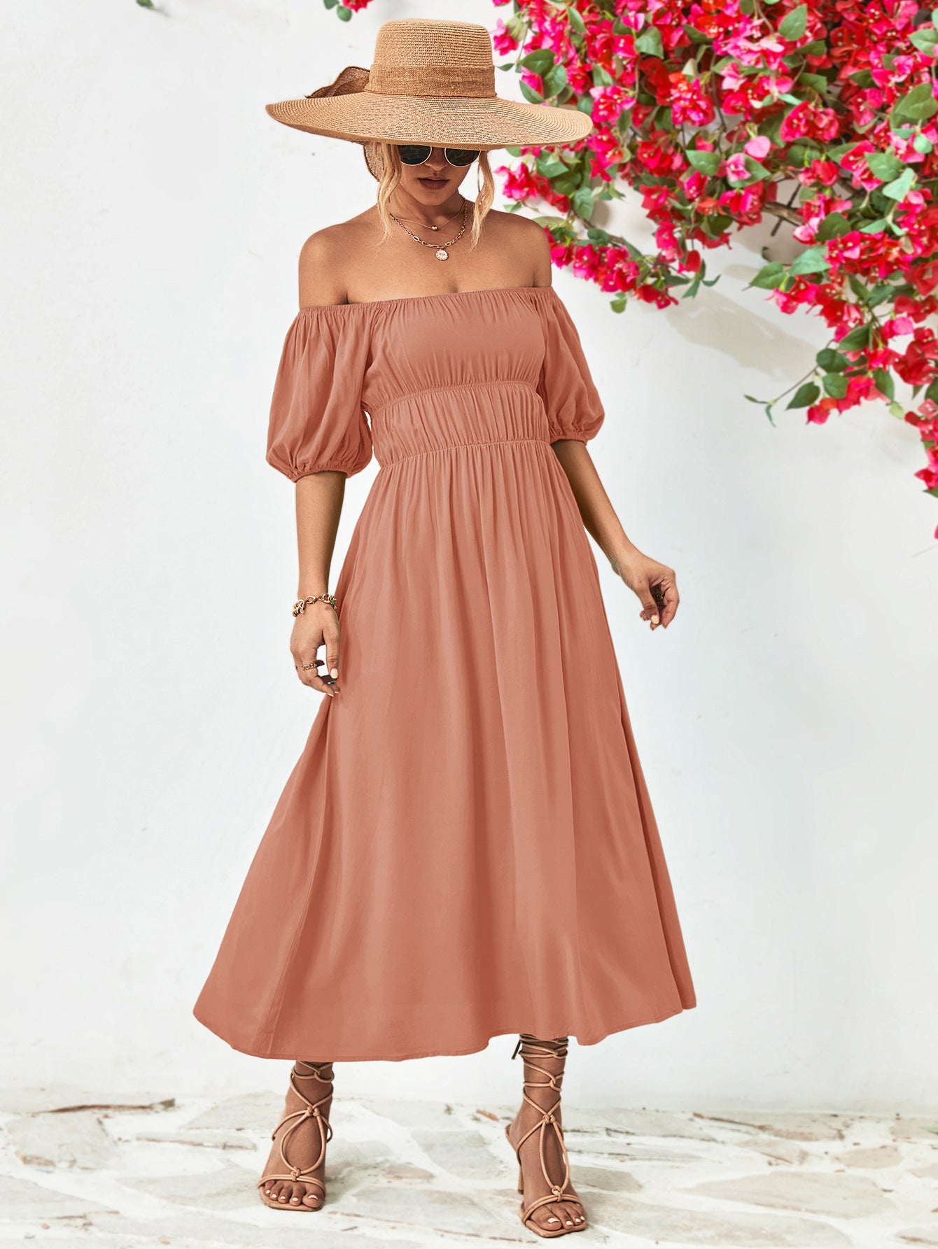 Off-Shoulder Balloon Sleeve Midi Dress 