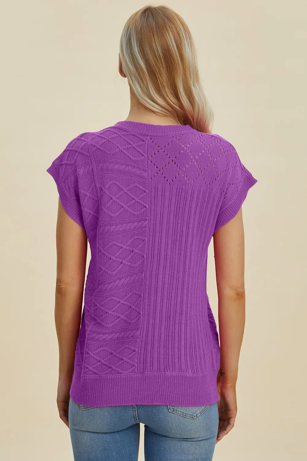 Double Take Full Size Cable-Knit Round Neck Cap Sleeve Sweater 