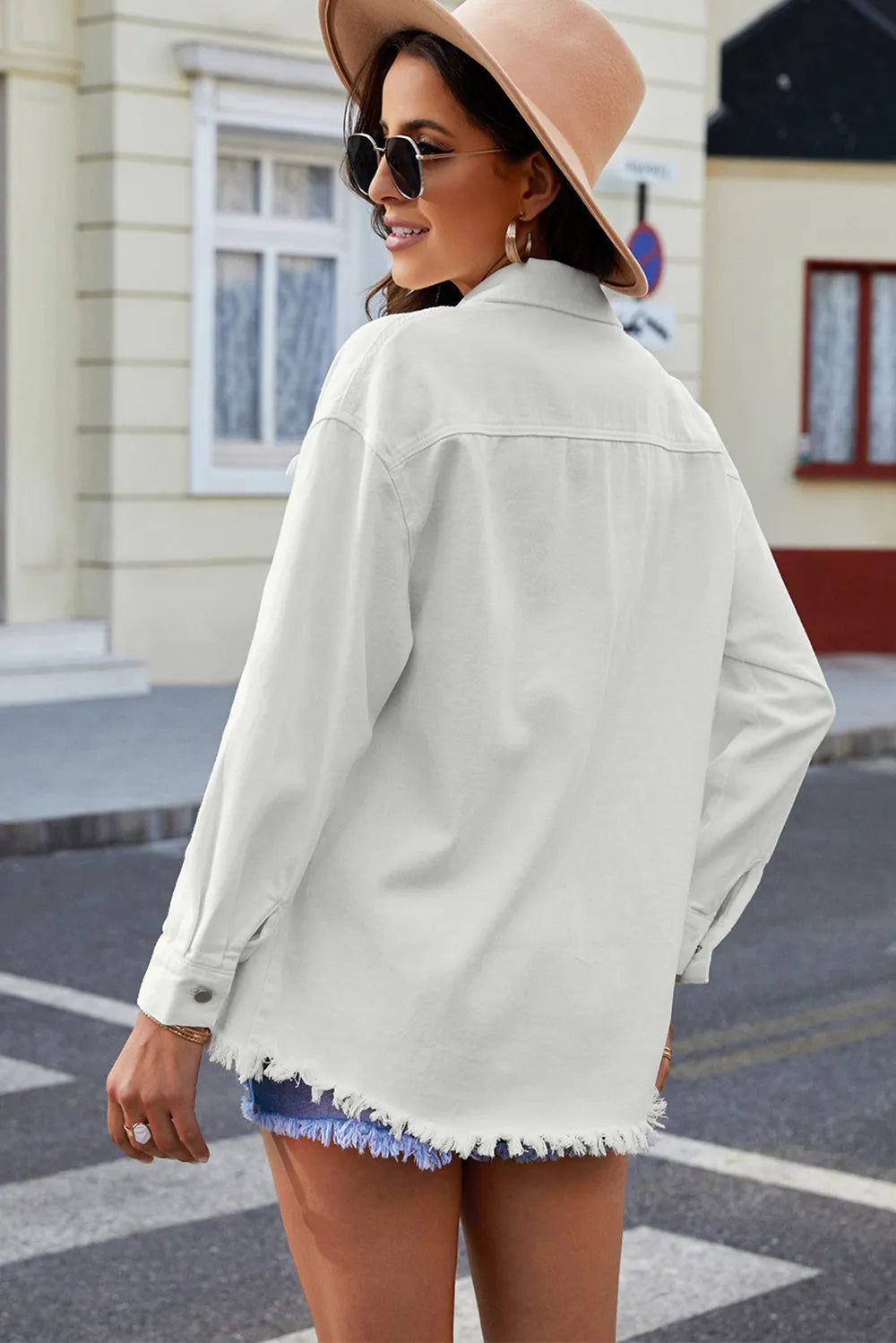 Button Up Pocketed Raw Hem Denim Jacket 