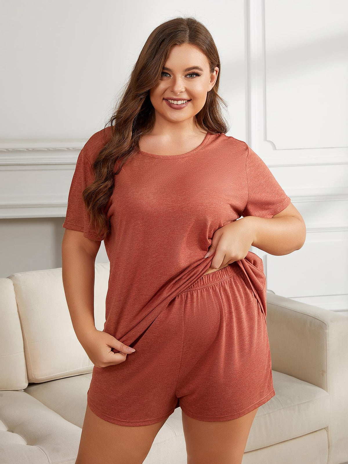 Plus Size Round Neck Short Sleeve Two-Piece Loungewear Set 