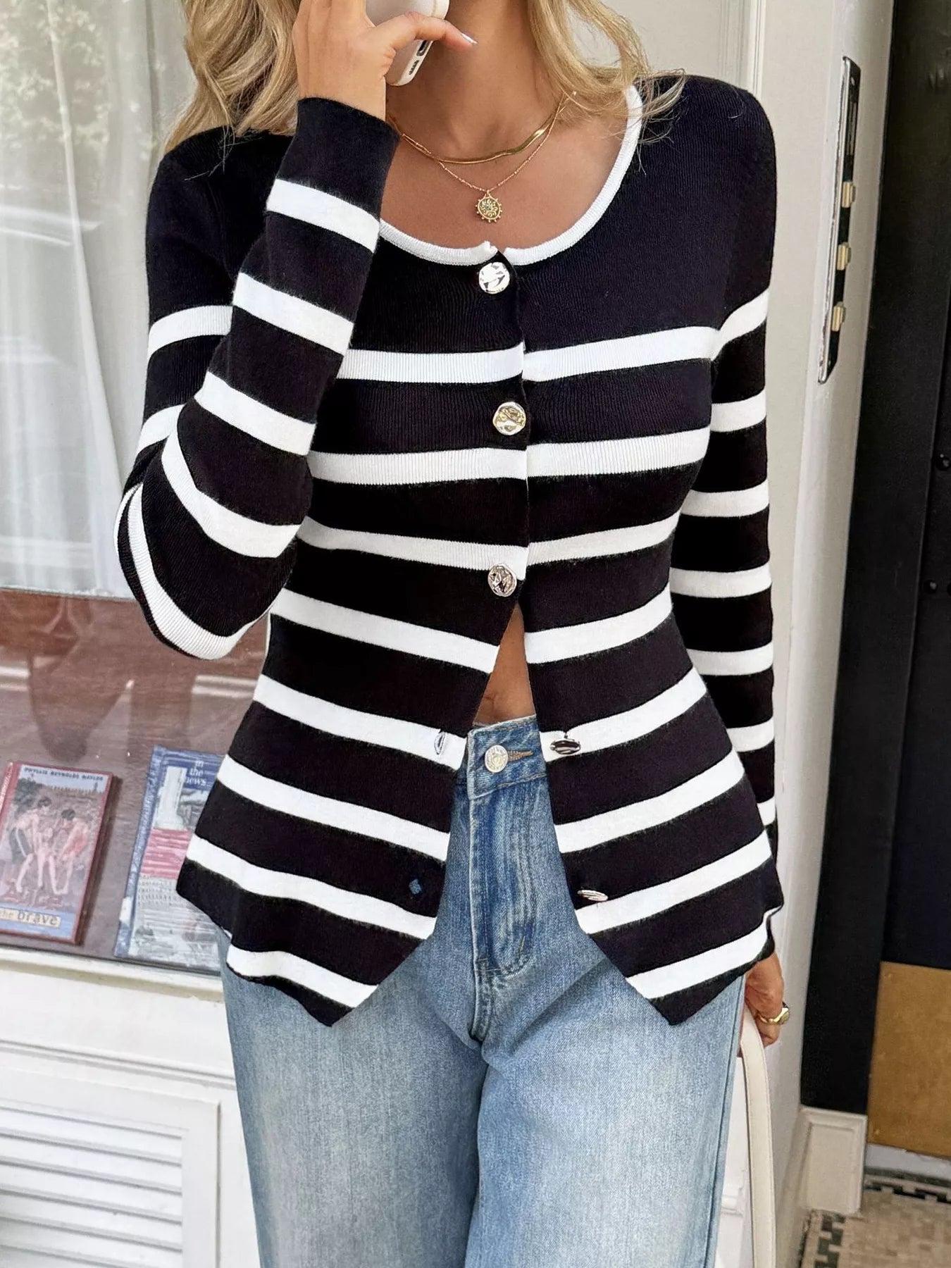 Striped Button-Up Knit Cardigan 
