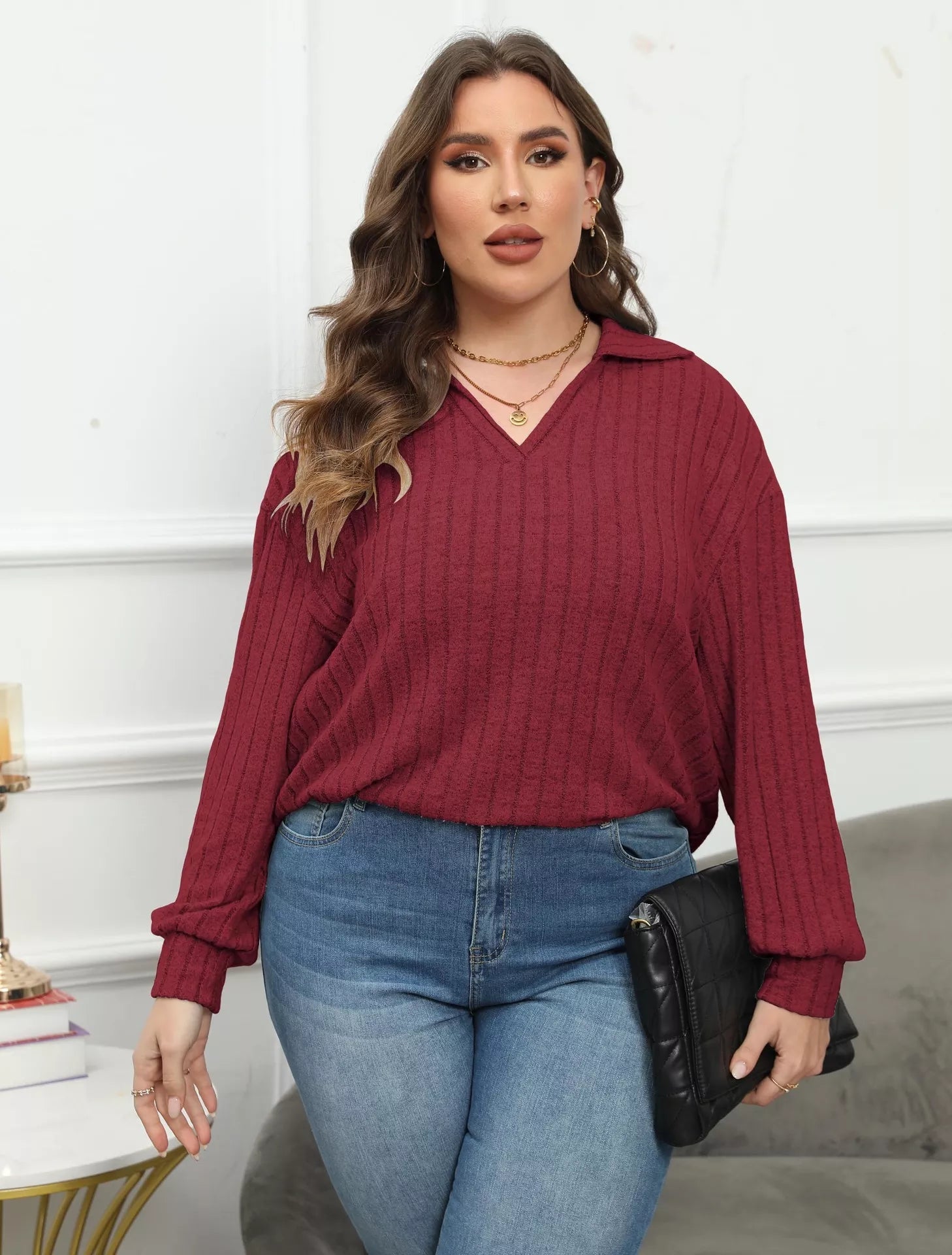 Plus Size Ribbed Knit Polo Collar T-Shirt 