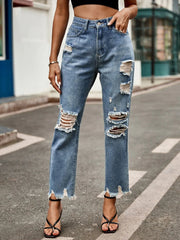 Distressed Raw Hem Jeans with Pockets 