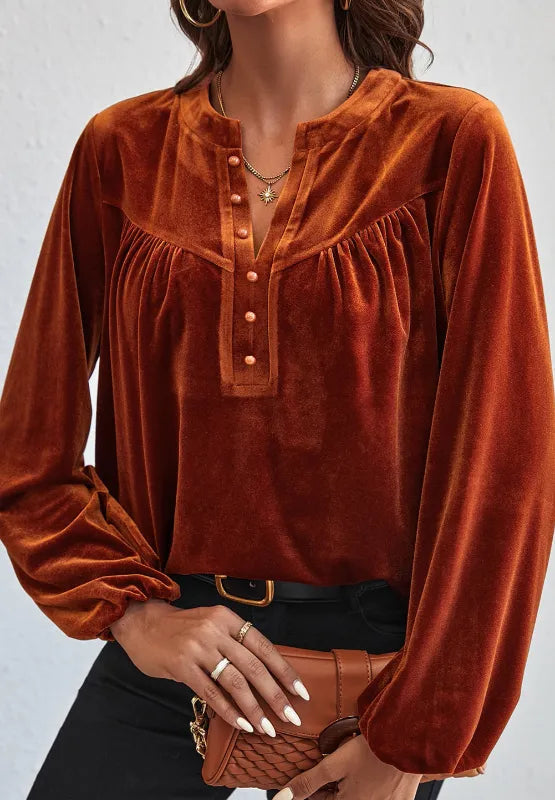Notched Long Sleeve Velvet Top 