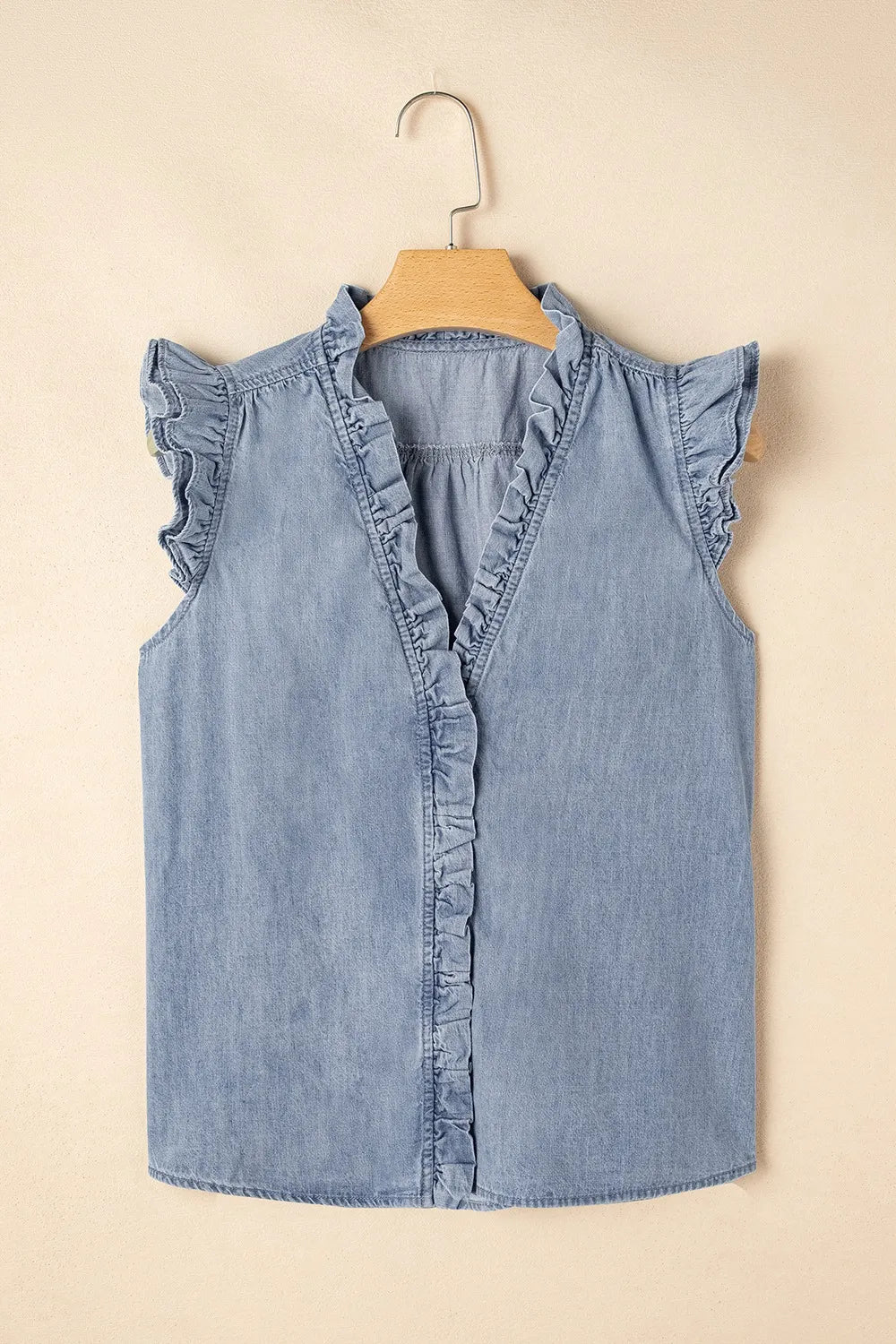 Frilly Ruffle Trim V Neck Chambray Tank 