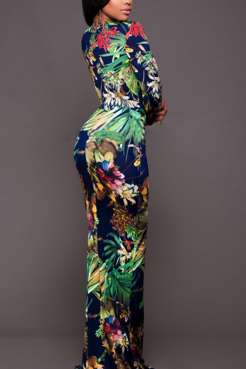 Printed Plunge Neck Leg Split Maxi Dress 