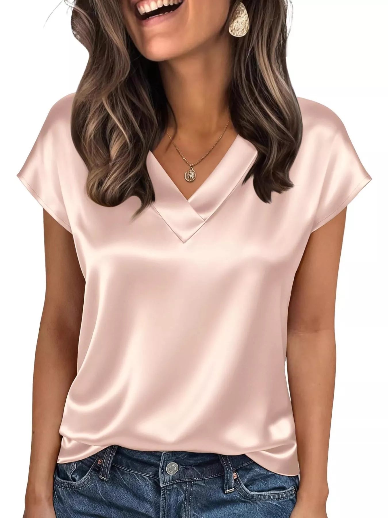 Satin V-Neck Cap Sleeve Blouse 