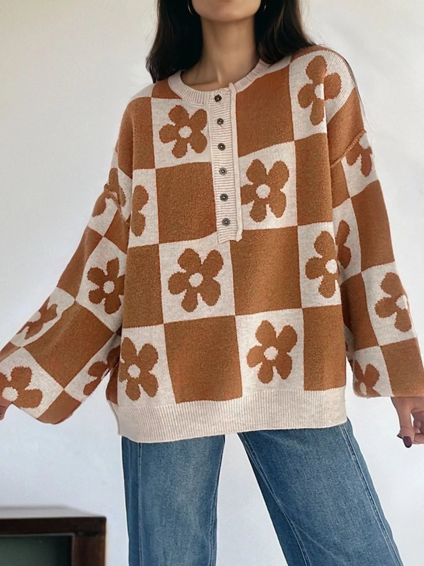 Flower Plaid Henley Baggy Sweater 