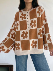 Flower Plaid Henley Baggy Sweater 