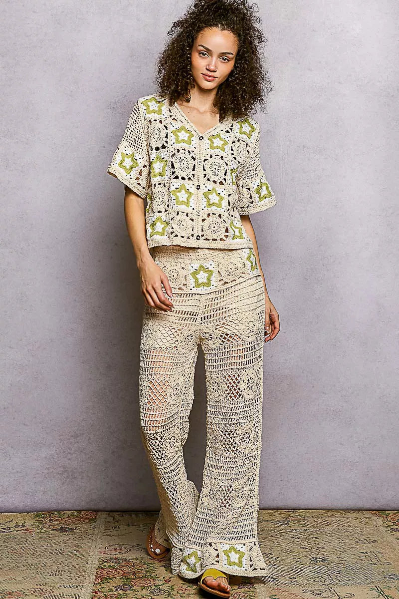 POL Button Front V-Neck Crochet Cardigan with Contast Star 
