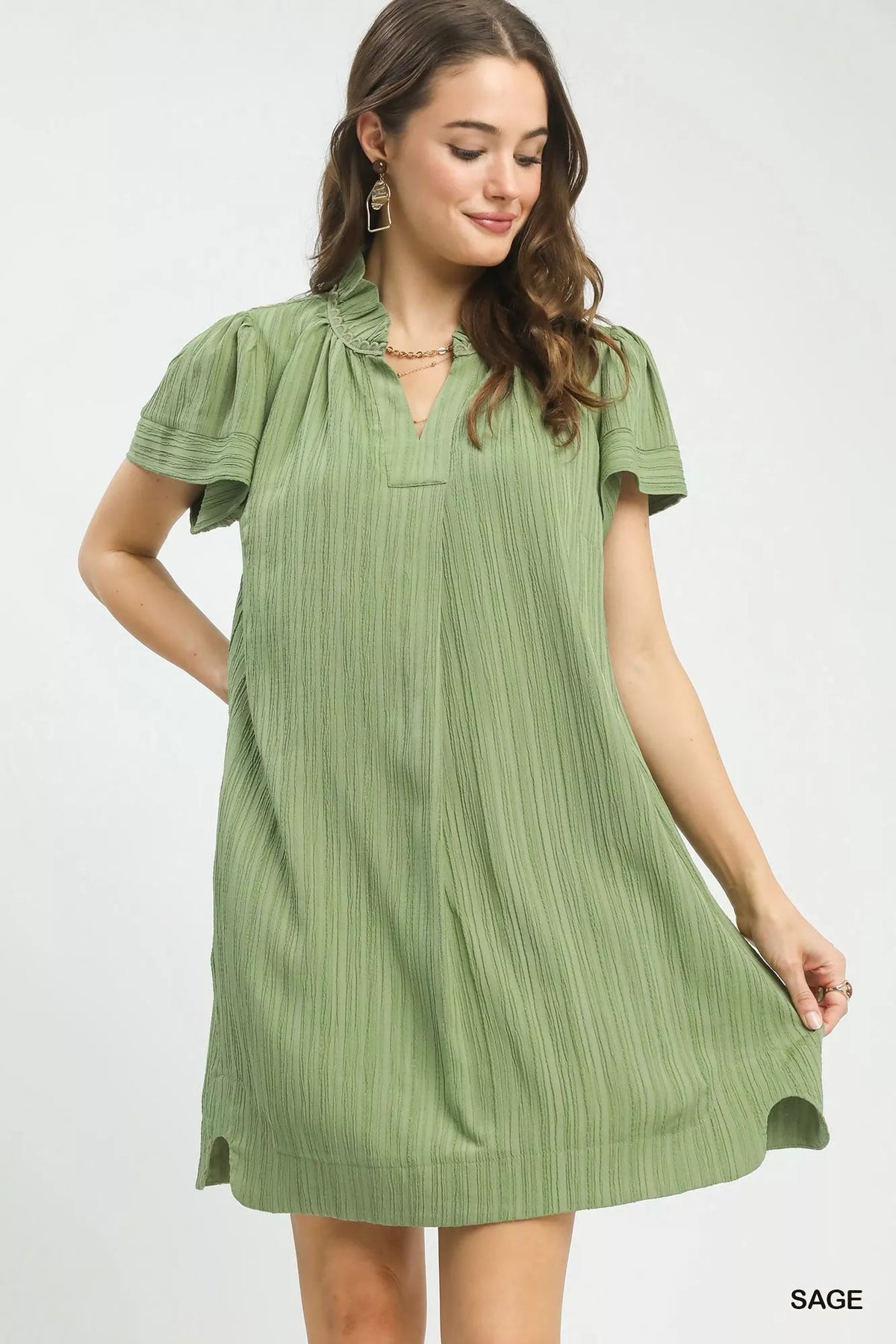 Umgee Flutter Sleeve V-Neck Shift Dress 