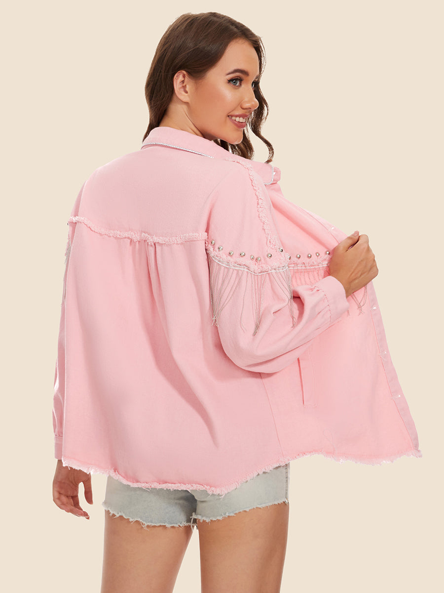 Raw Hem Fringe Detail Denim Jacket 