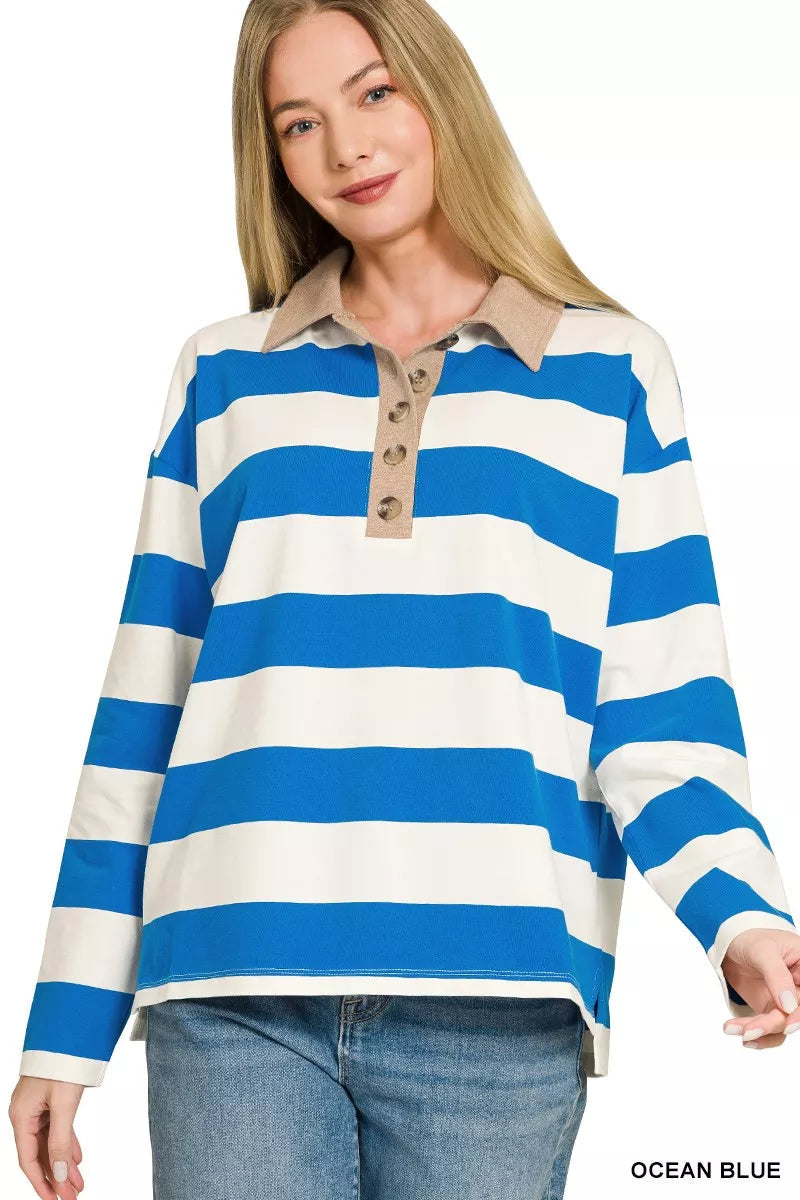 Zenana Striped Contrast Collar Polo Top 