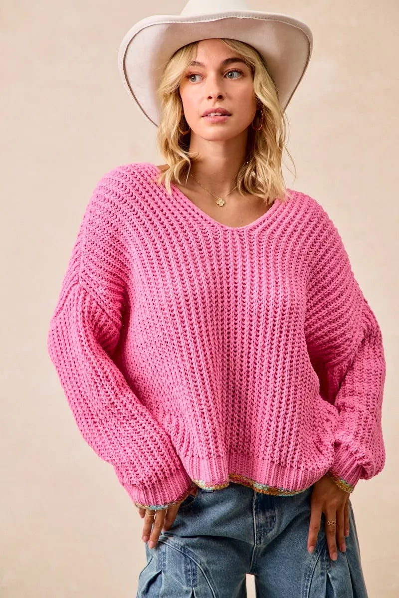 BiBi V-Neck Sweater with Colorful Trim 