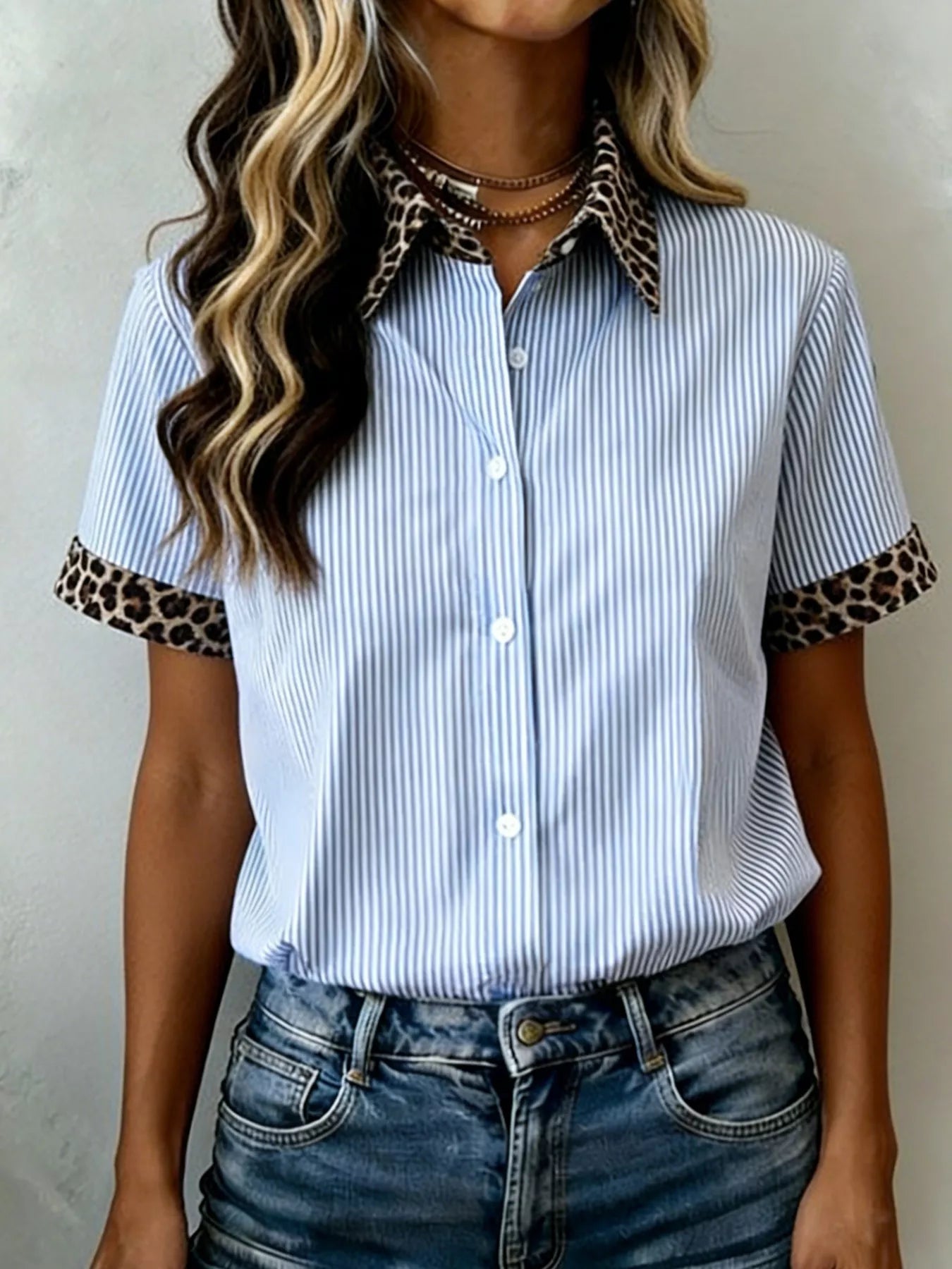 Stripe Leopard Contrast Collar Short Sleeve Shirt 
