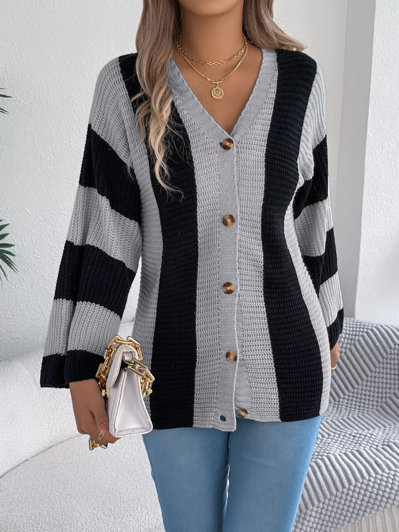 Color Block Button-Up Cardigan 