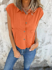 Full Size Button Down Cap Sleeve Linen Shirt Plus Size 