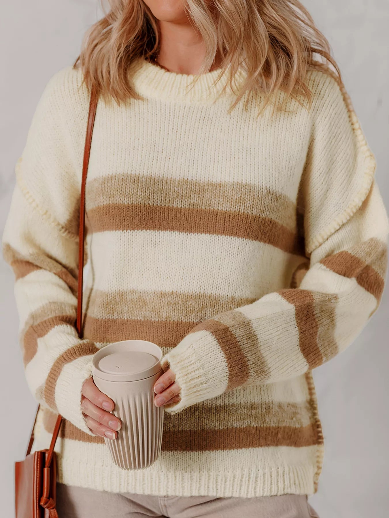 Stripe Exposed Seam Drop Shoulder Knit Baggy Sweater 
