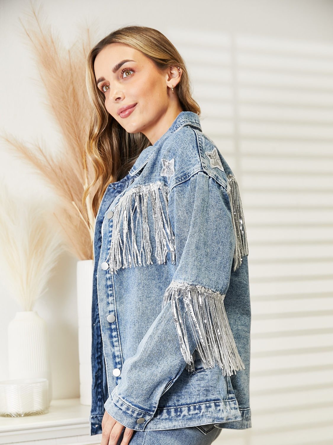Fringe Detail Long Sleeve Denim Jacket 
