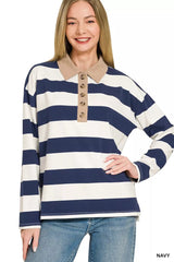 Zenana Striped Contrast Collar Polo Tee 