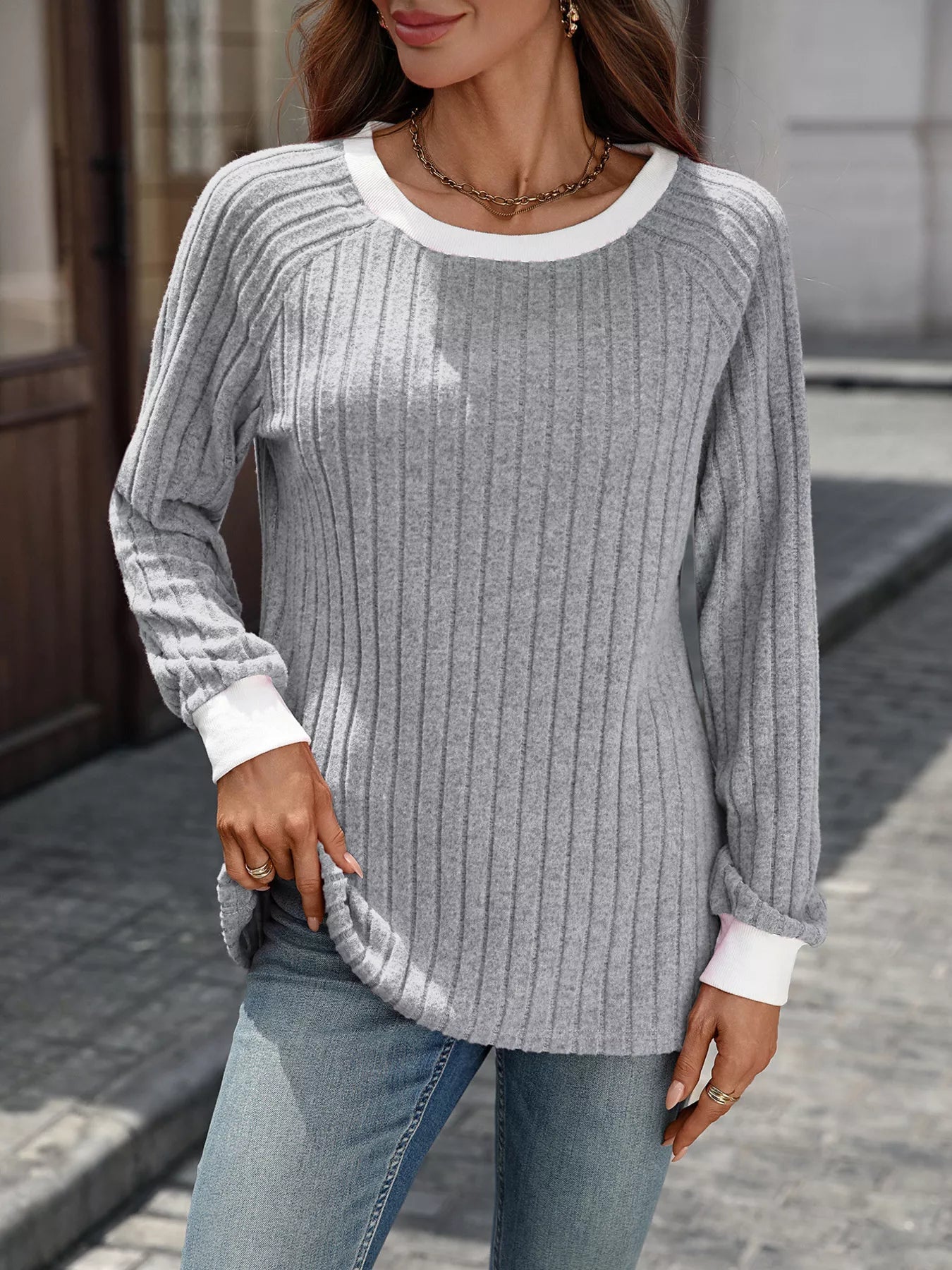 Ribbed Round Neck Raglan Sleeve Knit Top 