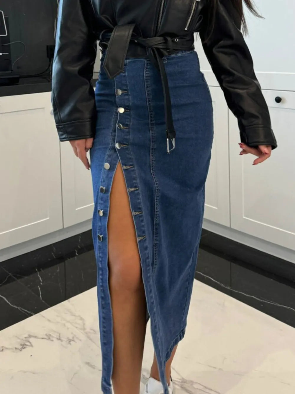 Front Button Slit Midi Denim Skirt 