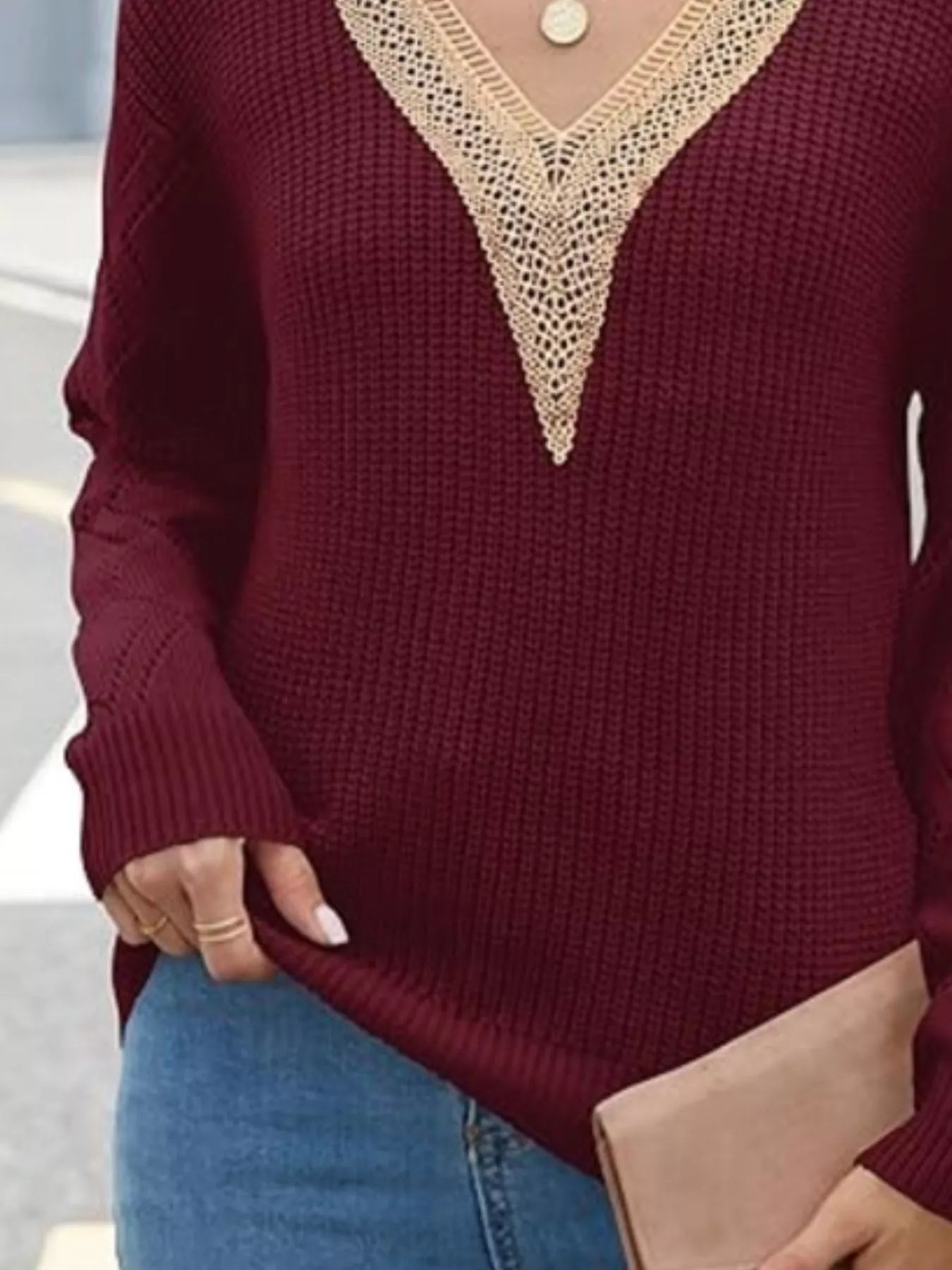 Openwork V-Neck Long Sleeve Sweater 