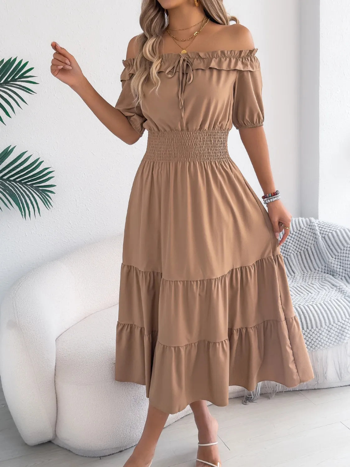 Smocked Off-Shoulder Tiered Dress 