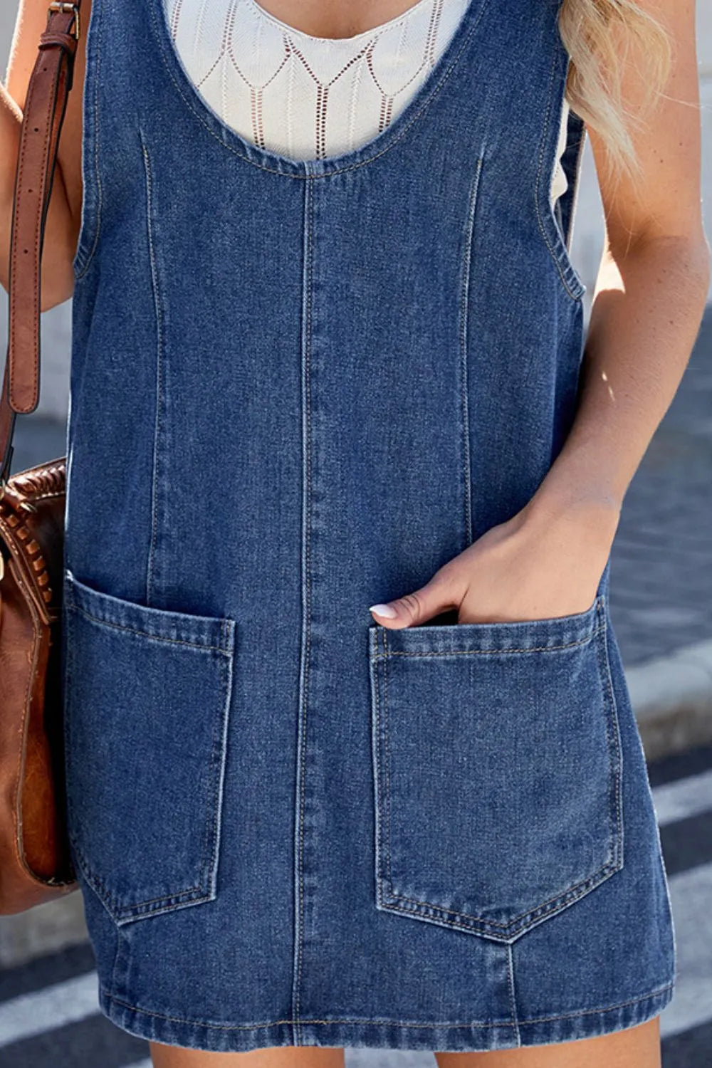 Scoop Neck Denim Overall Dress with Pockets 