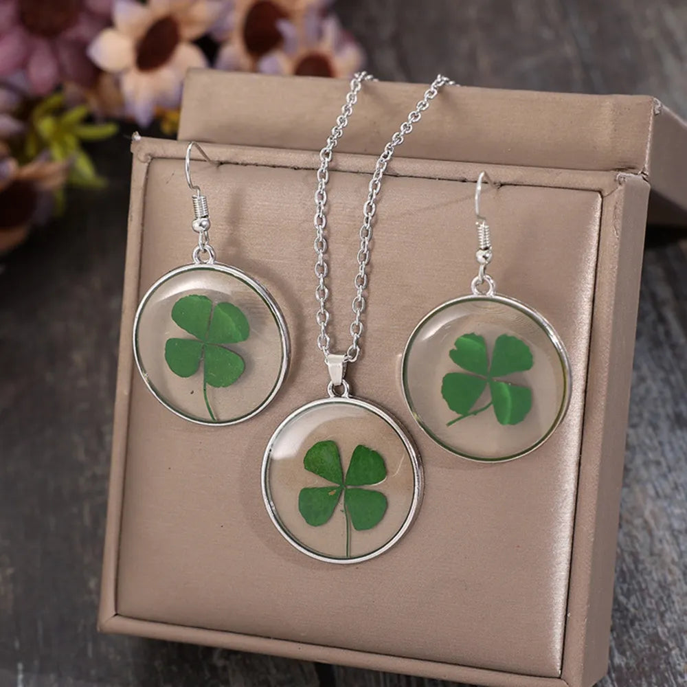 Lucky Clover Alloy Acrylic Earrings and Necklace Jewelry Set 