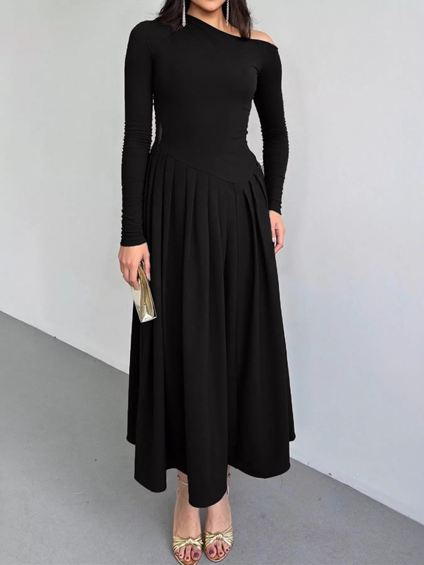 Ruched One Shoulder Long Sleeve Dress 