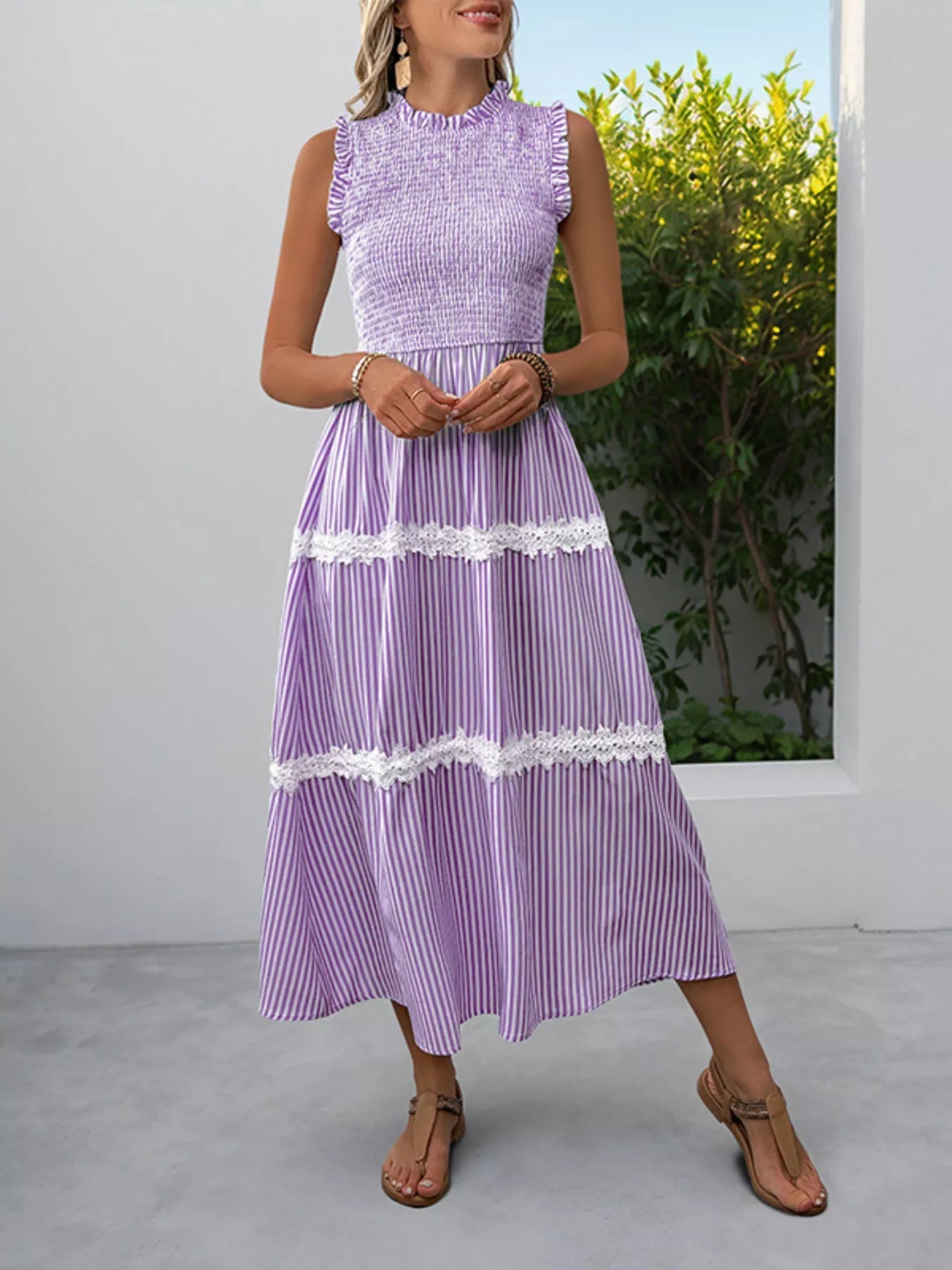 Smocked Striped Lace Trim Sleeveless Midi Dress 