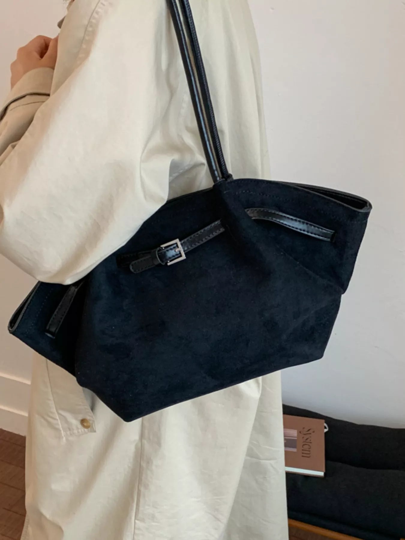 Solid Color Buckle Tote Bag 