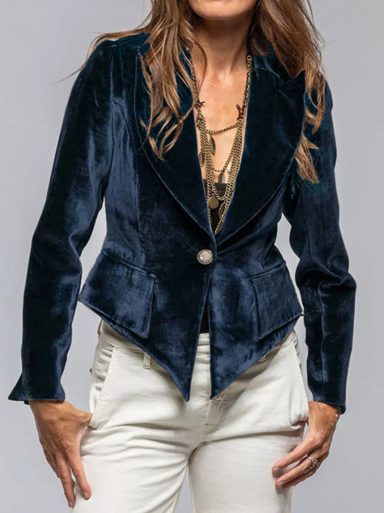 Velvet Lapel Collar One Button Blazer 