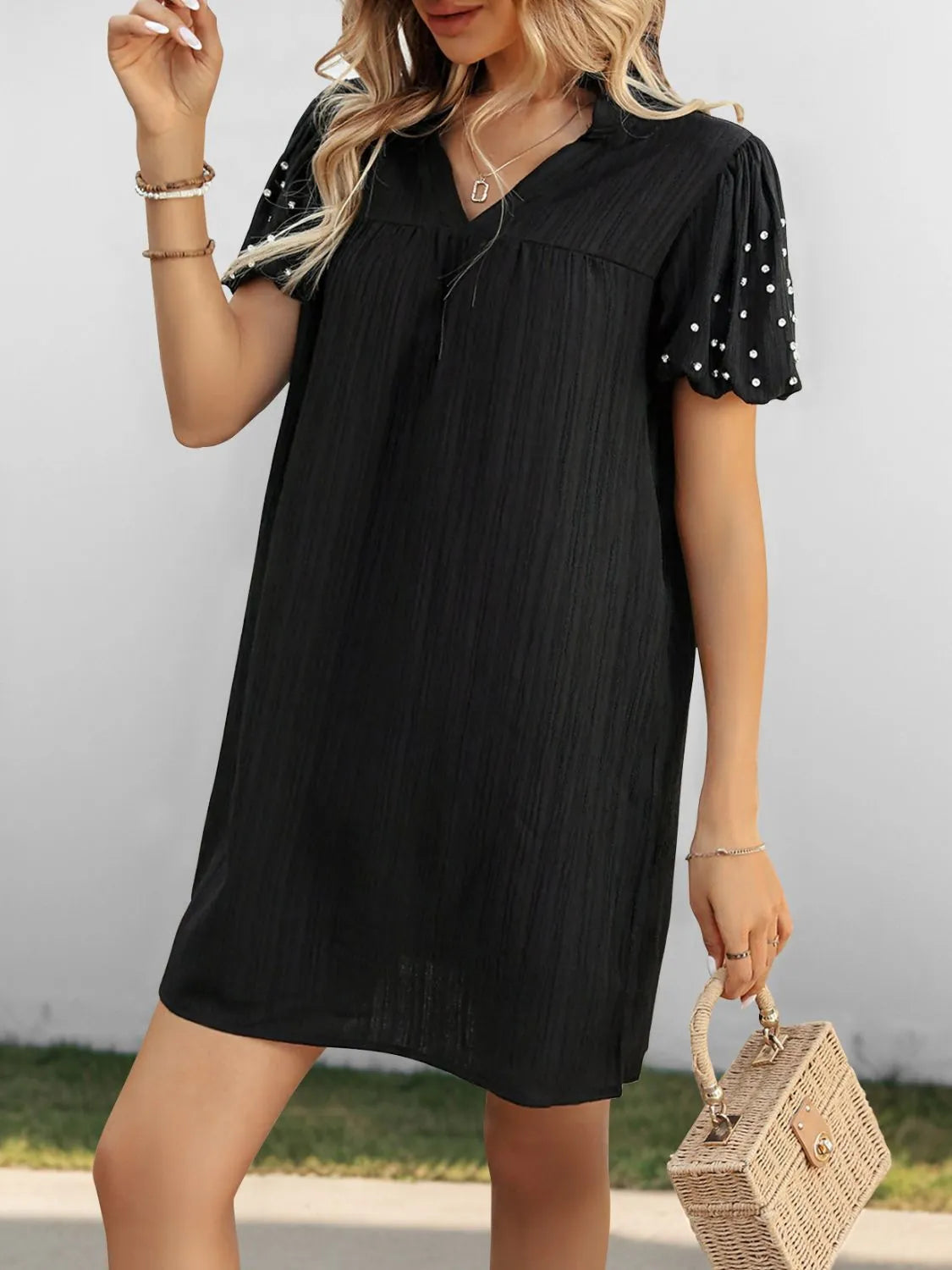 Textured V-Neck Short Sleeve Mini Dress 