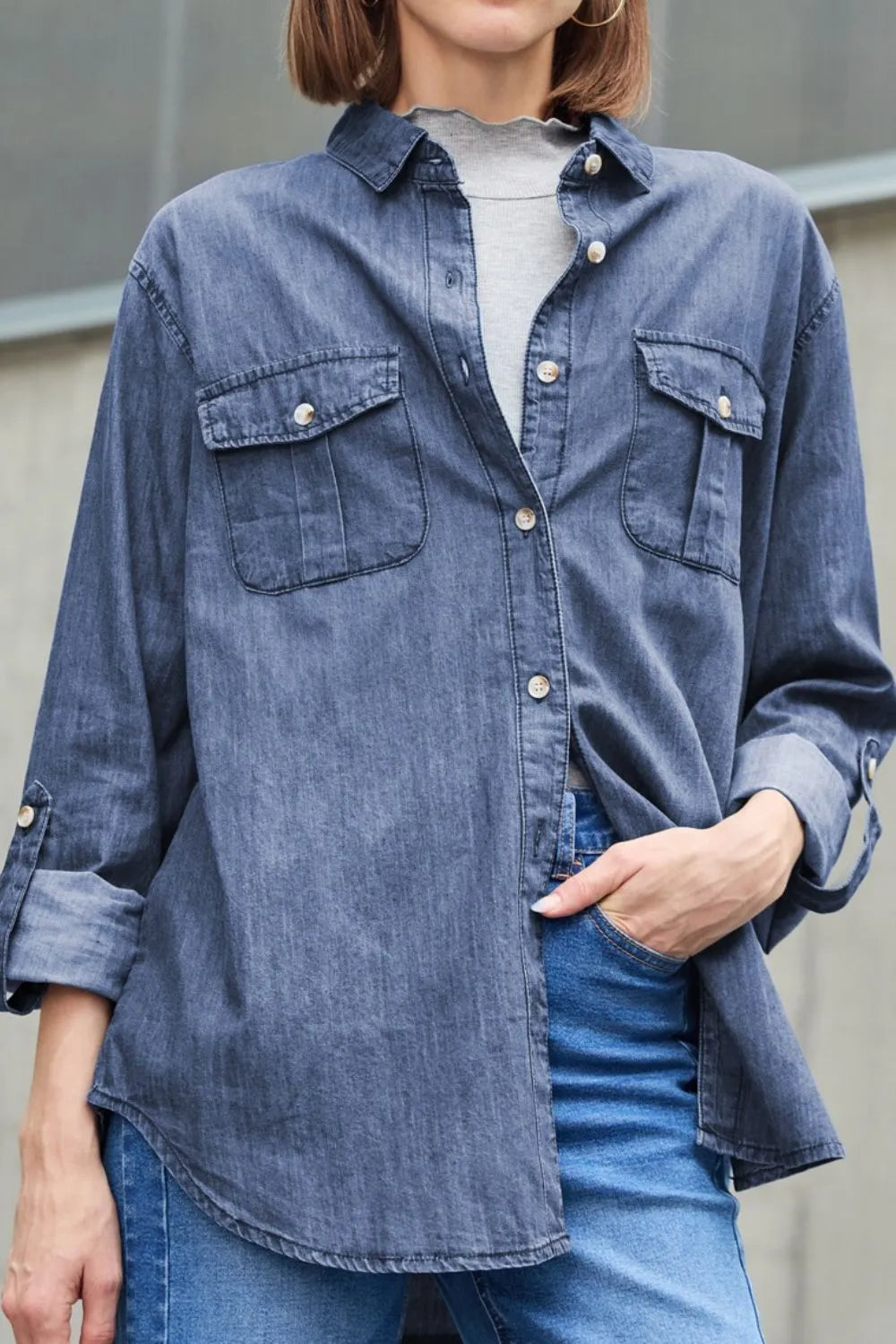 Pocketed Collared Neck Long Sleeve Denim Top 