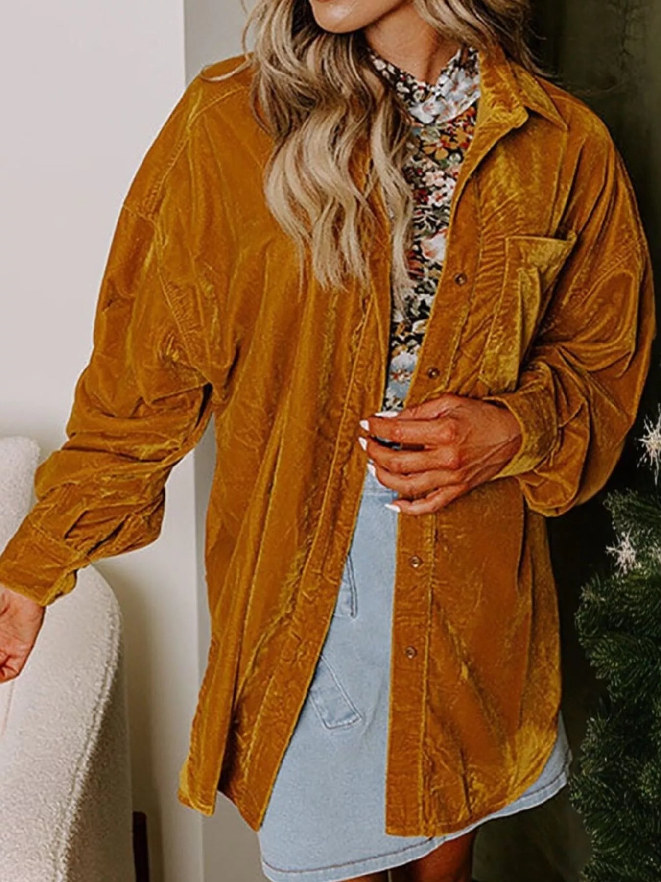 Velvet Button-Down Long Sleeve Shirt 