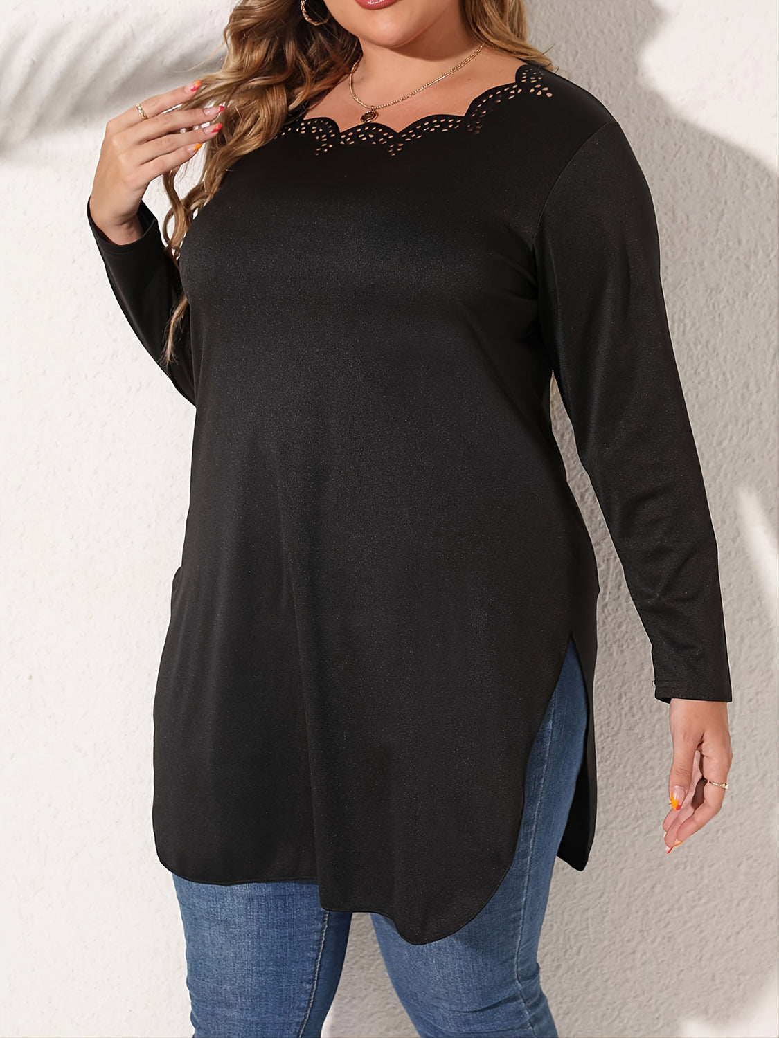 Plus Size Slit Long Sleeve T-Shirt 