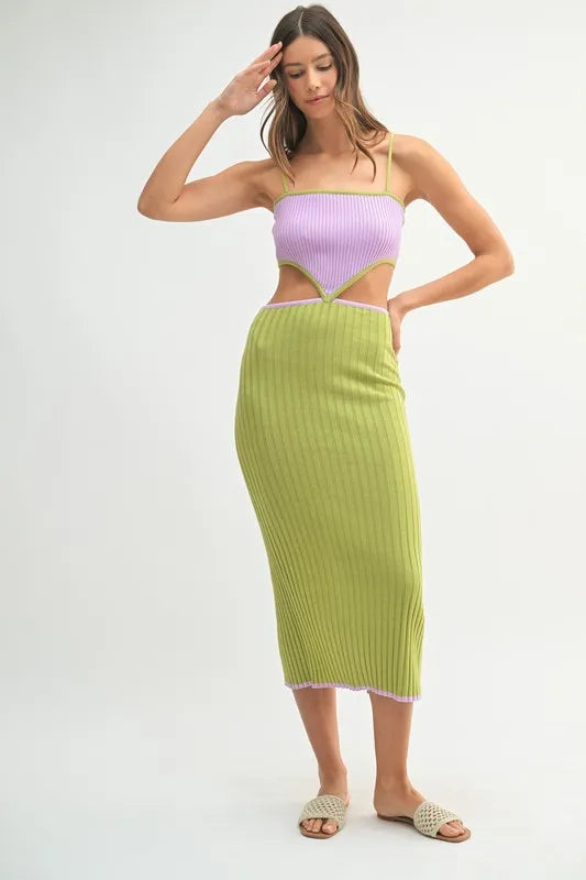 MABLE Ribbed Knit Color Block Cutout Midi Dress 